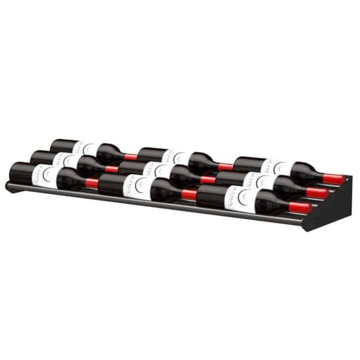 Ultra Showcase Series - Cascading Row (6 - 9 Bottles) - Triple Deep wall-mounted black metal wine rack