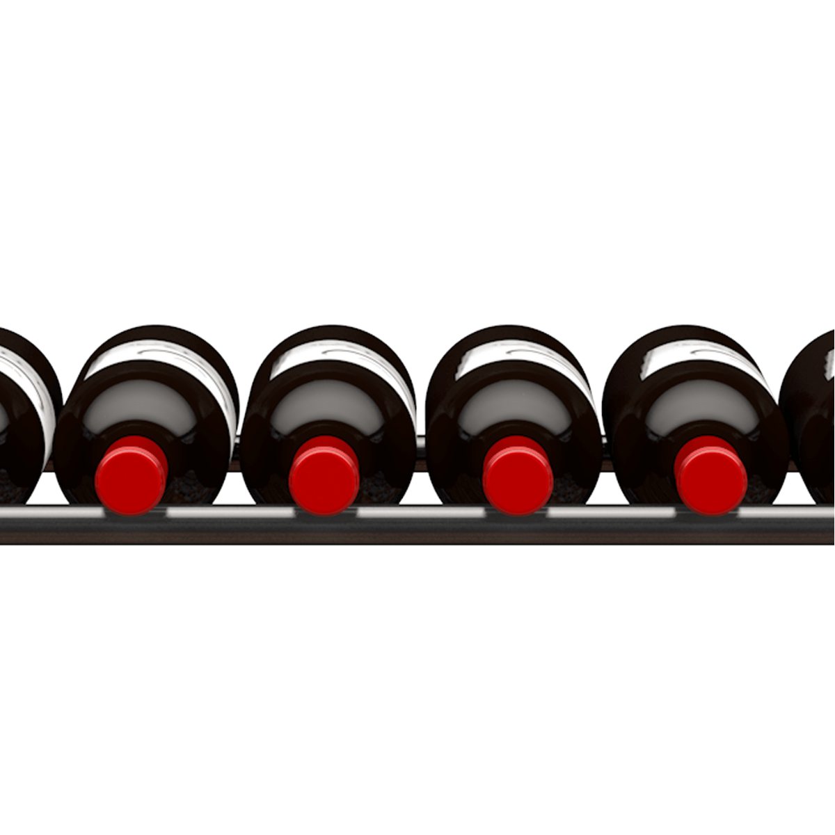 Ultra Showcase Series - Cork-Out Row (12 Bottles) - Black horizontal wine rack holding wine bottles close up view
