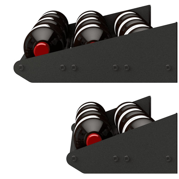 Ultra Showcase Series - Horizontal Row (6 - 9 Bottles) - Close-up of black metal wine rack holding bottles horizontally with secure side panels