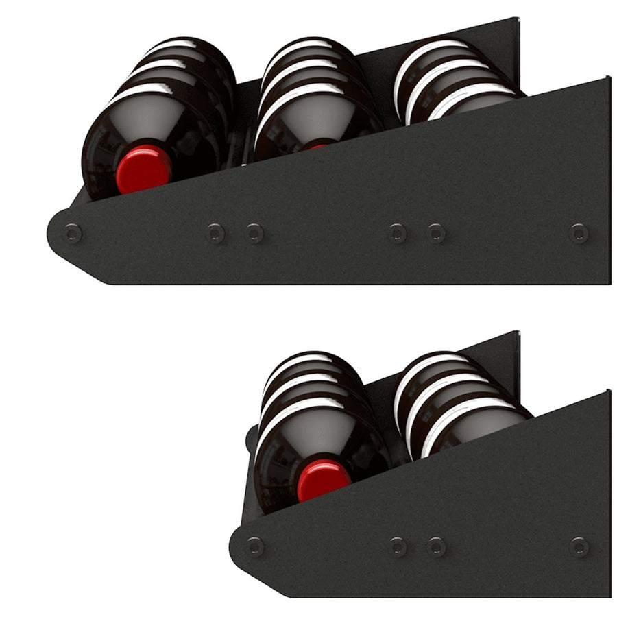 Ultra Showcase Series - Horizontal Row (6 - 9 Bottles) - Close-up of black metal wine rack holding bottles horizontally with secure side panels