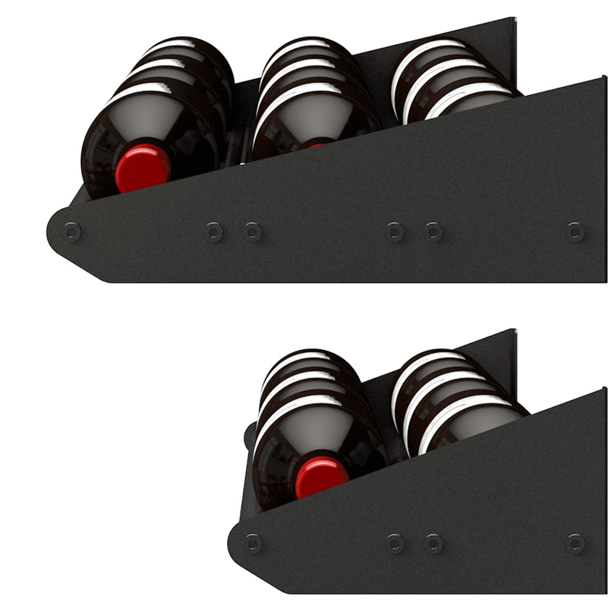 Ultra Showcase Series - Horizontal Row (6 - 9 Bottles) - Close-up of black metal wine rack holding bottles horizontally with secure side panels