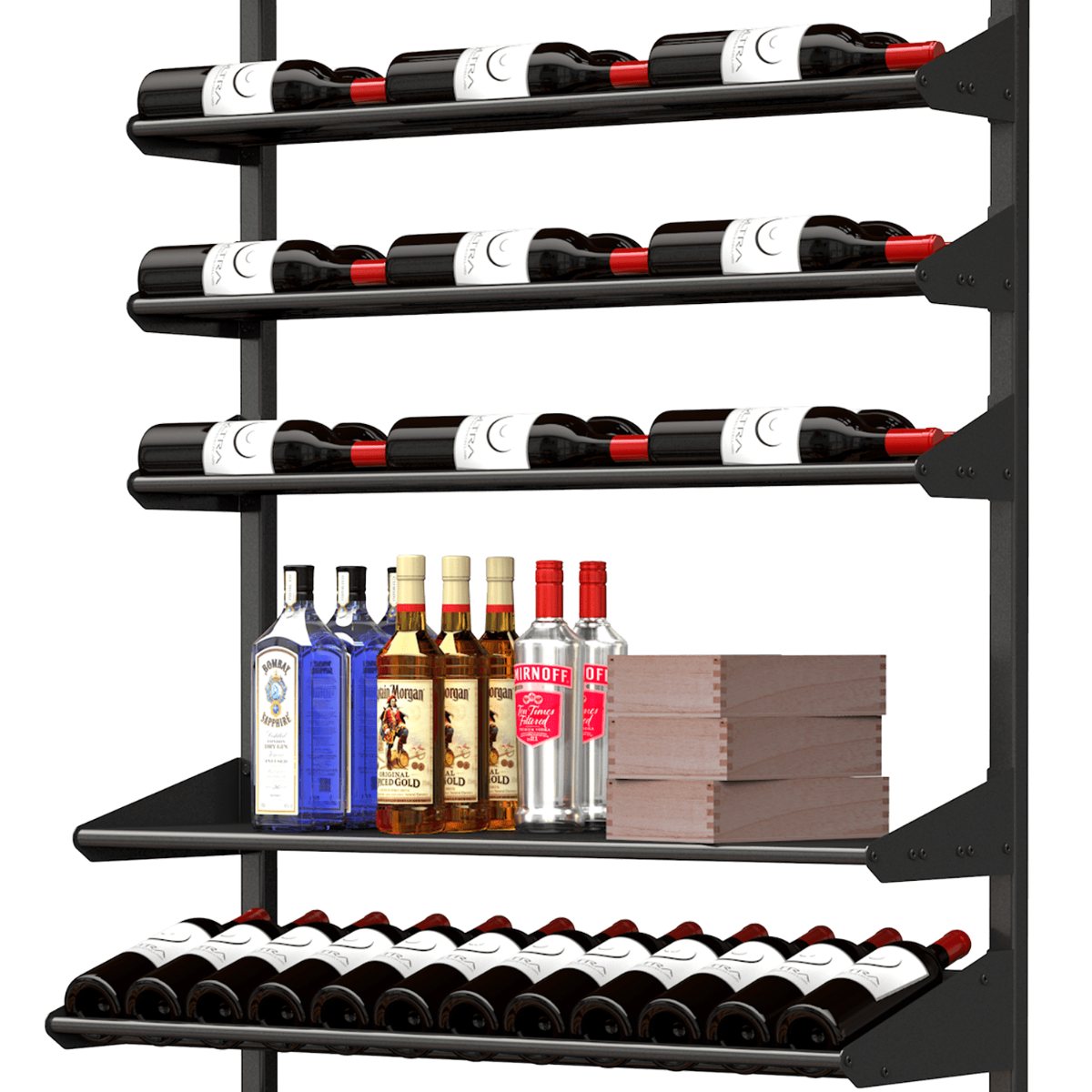 Ultra Showcase Series - Showcase Shelf - Multi-tier wall-mounted wine rack with shelves holding bottles and books horizontally