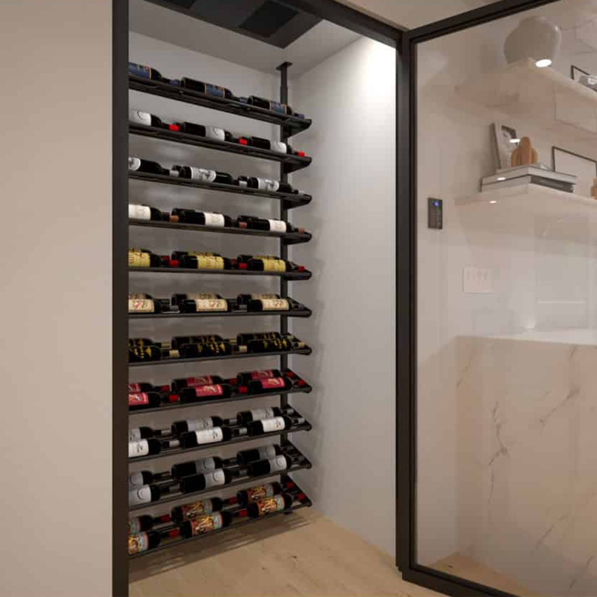 Ultra Showcase Standard Cascade Kits (66 - 99 Bottles) - Modern glass-enclosed wine cellar with black floor-to-ceiling racks holding bottles in a cascading style double deep