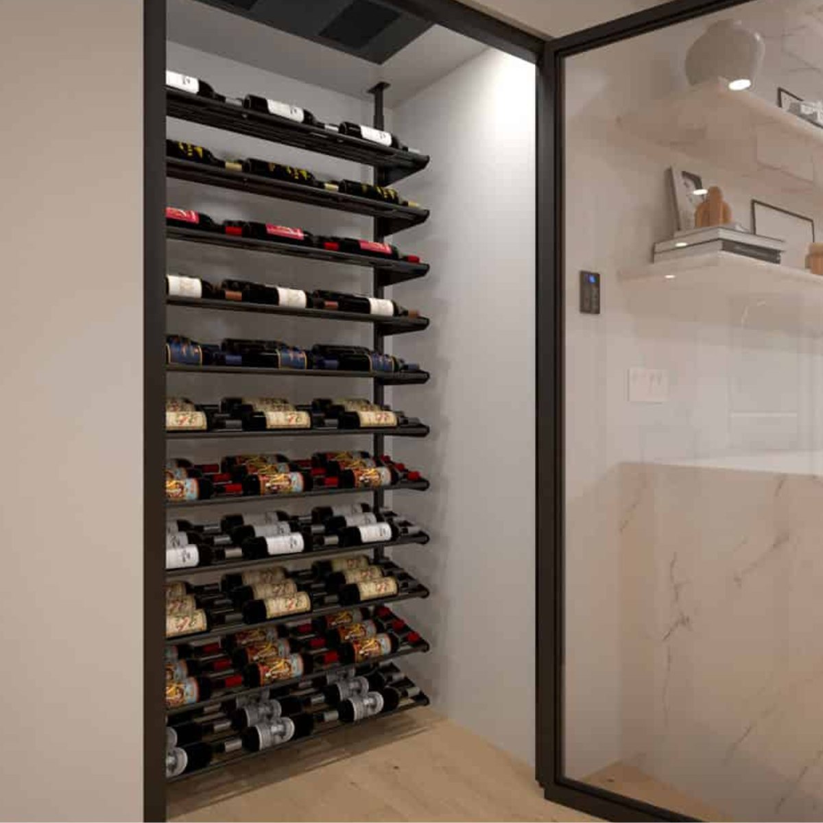 Ultra Showcase Standard Cascade Kits (66 - 99 Bottles) - Modern glass-enclosed wine cellar with black floor-to-ceiling racks holding bottles in a cascading style triple deep