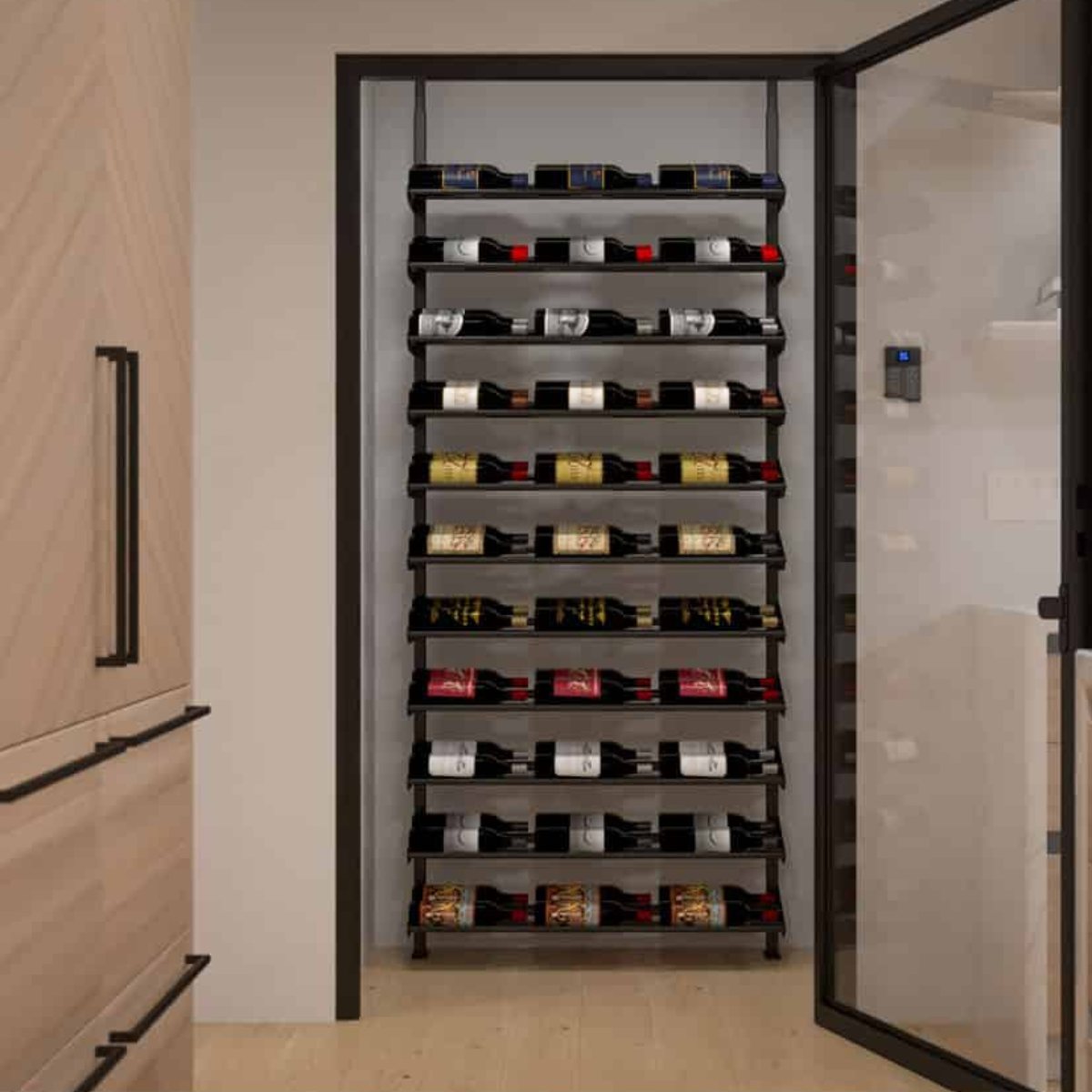 Ultra Showcase Standard Cascade Kits (66 - 99 Bottles) - Modern kitchen with a glass-enclosed wine storage wall featuring multiple rows of bottles