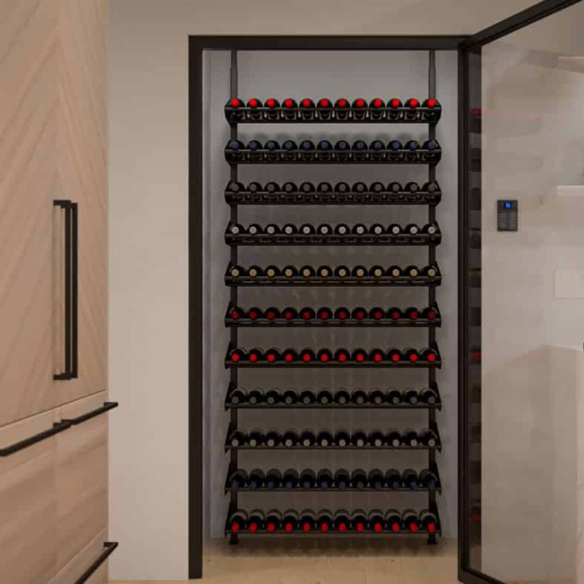 Ultra Showcase Standard Cork-Out Kit (121 Bottles) - Compact wine cellar with floor-to-ceiling wall-mounted racks neatly storing bottles in rows