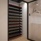 Ultra Showcase Standard Cork-Out Kit (121 Bottles) - Glass-enclosed wine storage with multiple horizontal racks neatly holding bottles