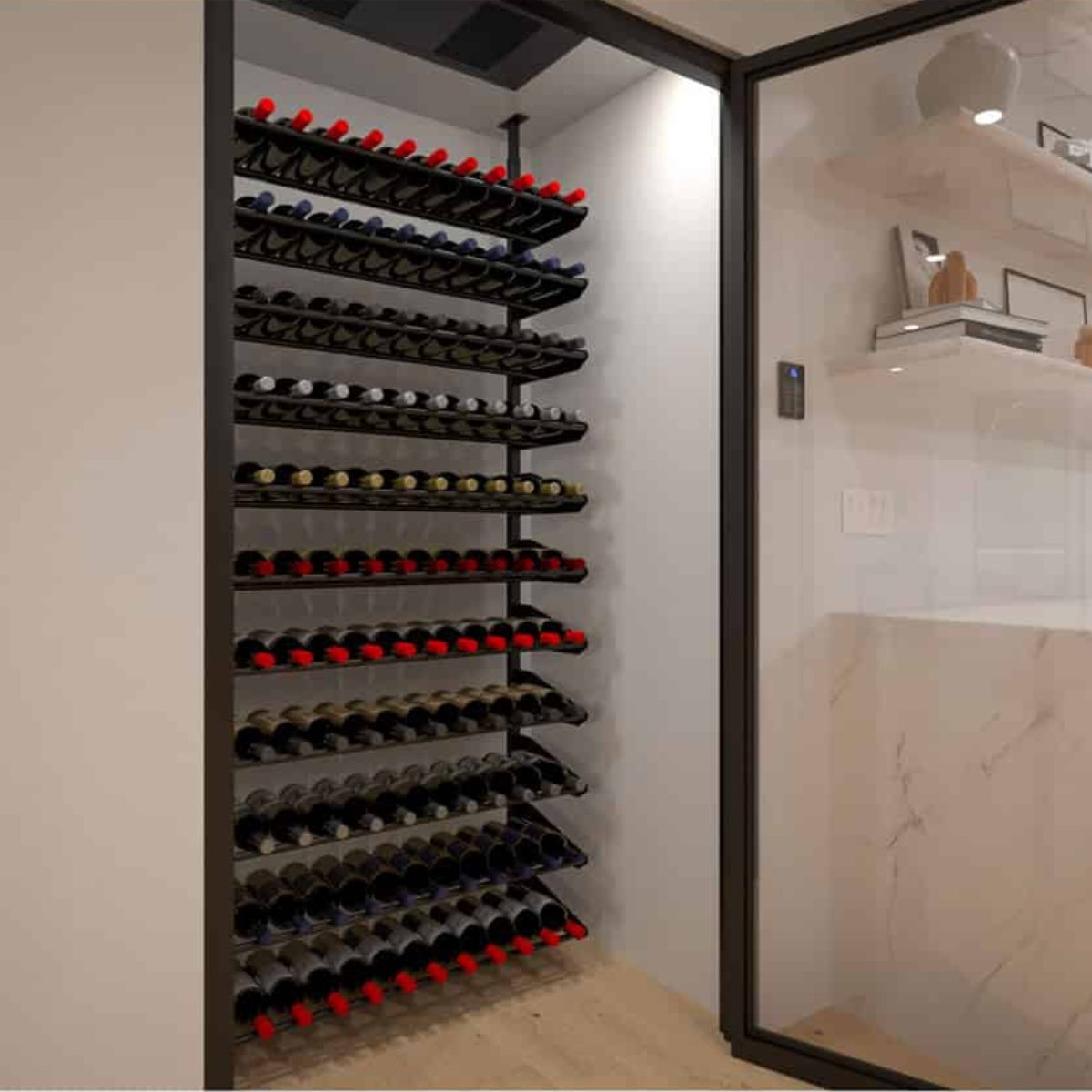 Ultra Showcase Standard Cork-Out Kit (121 Bottles) - Glass-enclosed wine storage with multiple horizontal racks neatly holding bottles