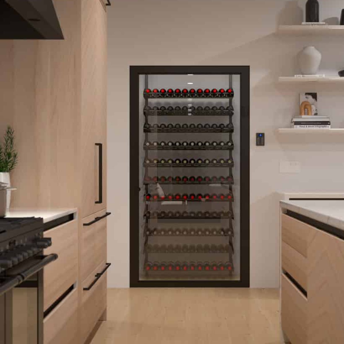 Ultra Showcase Standard Cork-Out Kit (121 Bottles) - Modern kitchen with a glass-enclosed wine storage wall featuring multiple rows of bottles