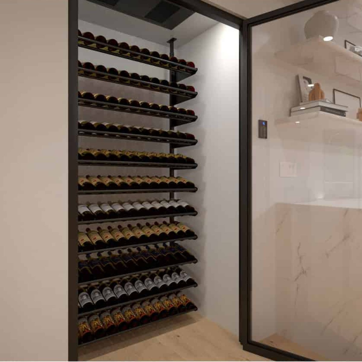 Ultra Showcase Standard Display Kit (121 Bottles) - Glass-enclosed wine storage with multiple horizontal racks neatly holding bottles