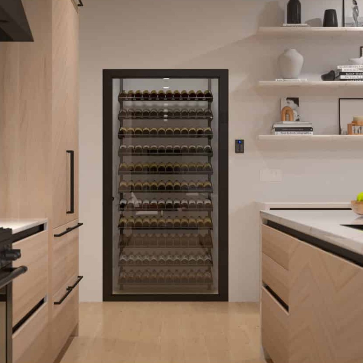 Ultra Showcase Standard Display Kit (121 Bottles) - Modern kitchen with a glass-enclosed wine storage wall featuring multiple rows of bottles