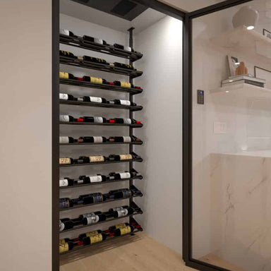 Ultra Showcase Standard Horizontal Kits (66 - 99 Bottles) - Modern glass-enclosed wine cellar with black floor-to-ceiling racks holding bottles in a label-forward style double deep