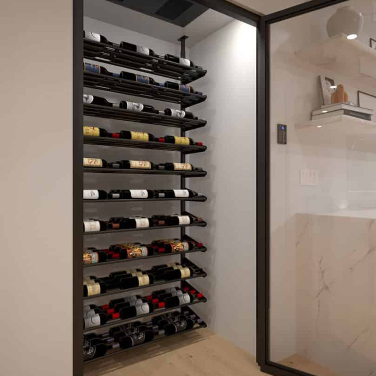 Ultra Showcase Standard Horizontal Kits (66 - 99 Bottles) - Modern glass-enclosed wine cellar with black floor-to-ceiling racks holding bottles in a label-forward style triple deep