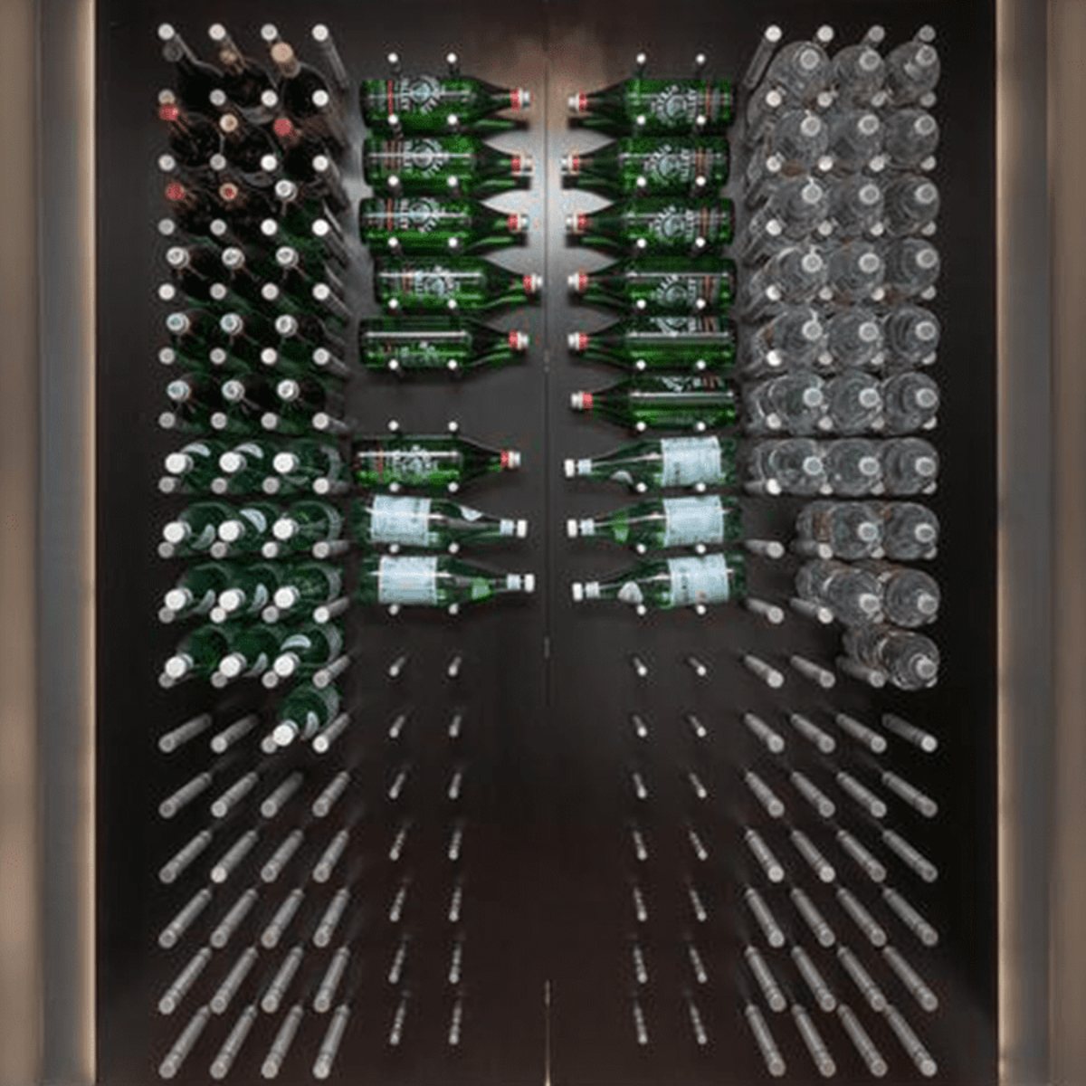 Ultra XL Cork-Out Wine Peg - Modern wall-mounted bottle display with water and sparkling beverages arranged neatly on racks