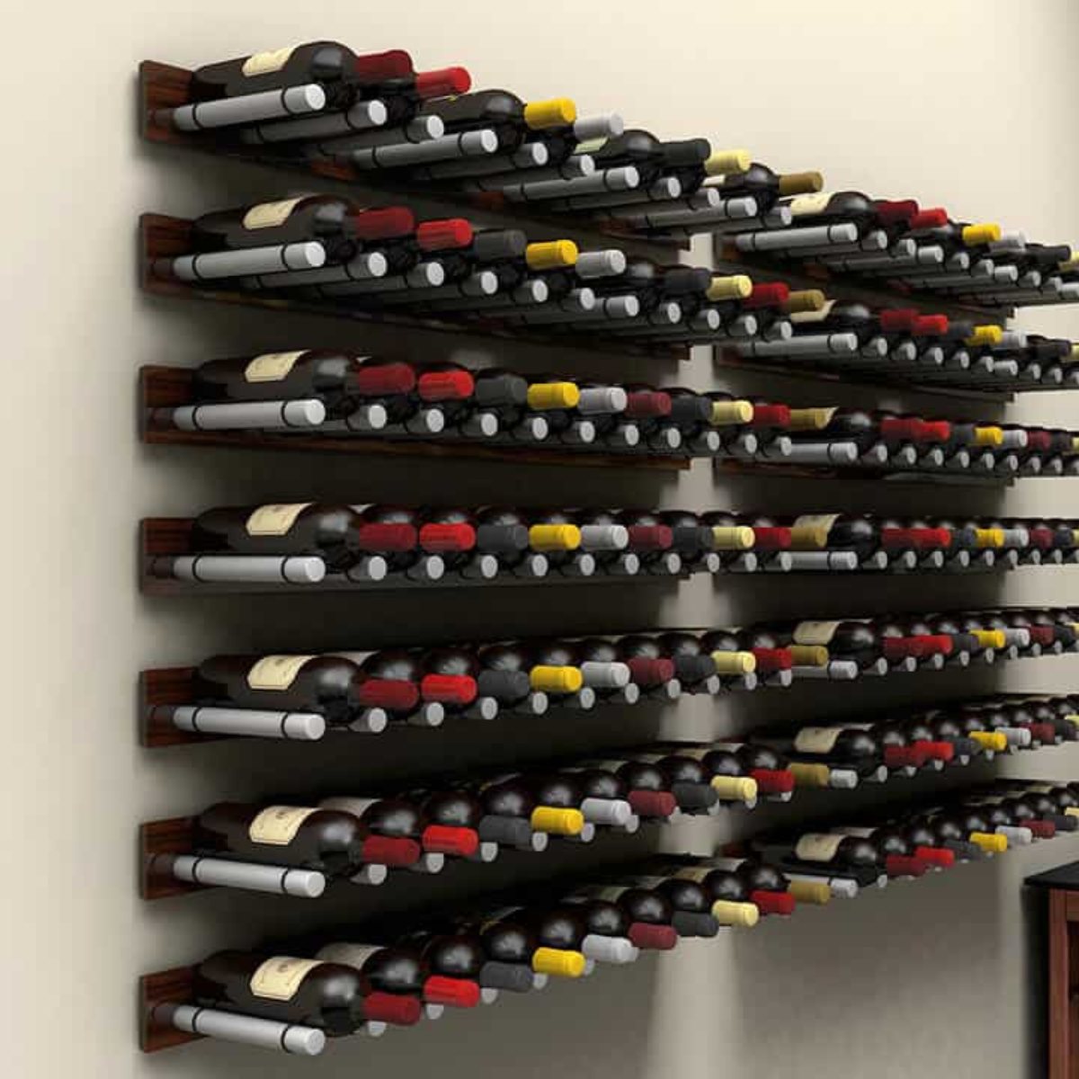 Ultra XL Cork-Out Wine Peg - Wall-mounted wine racks with multiple rows of bottles in a neat, horizontal display