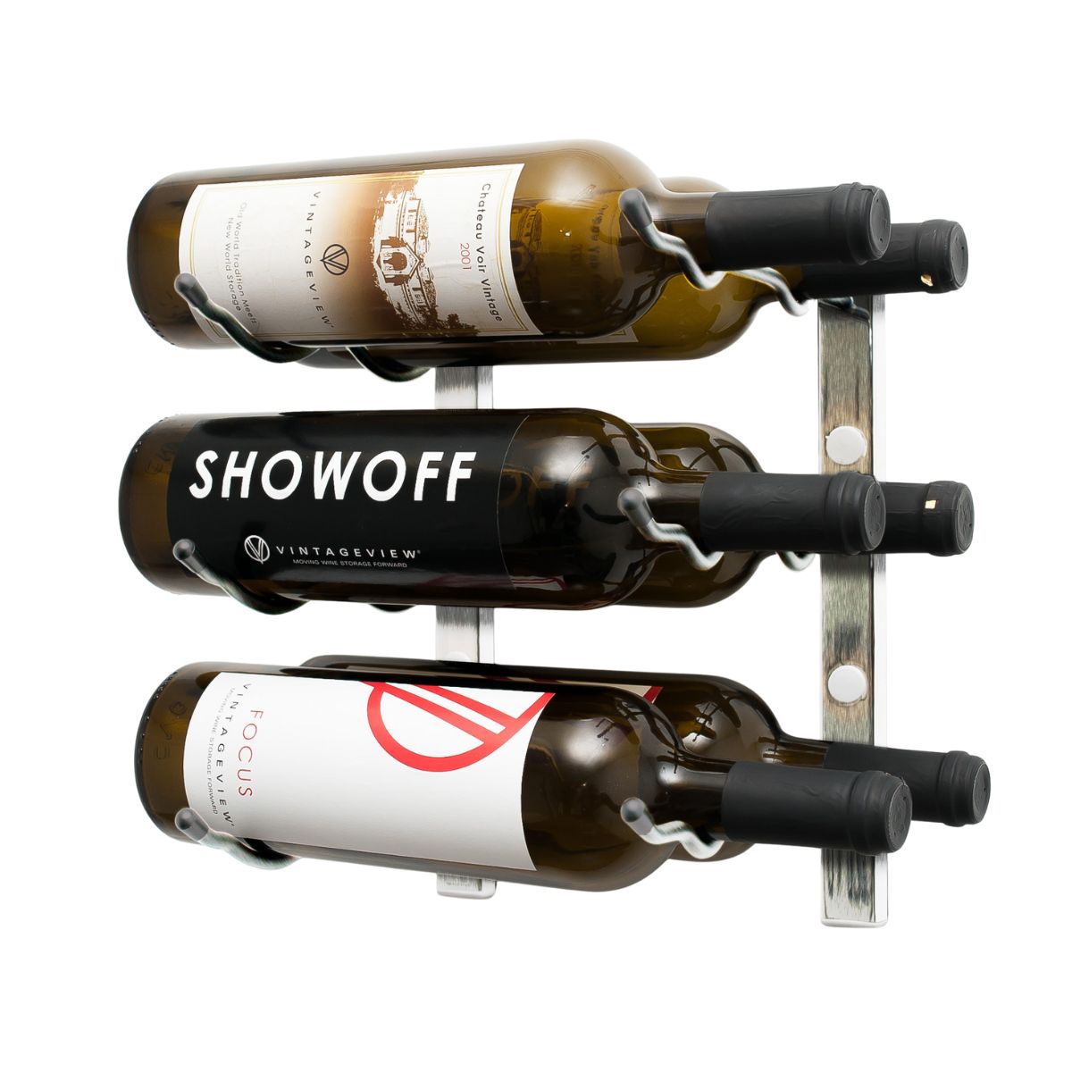 VintageView 1-Foot Wall-Mounted Wine Storage Rack Double Depth 6 Bottles Brushed Nickel Shown
