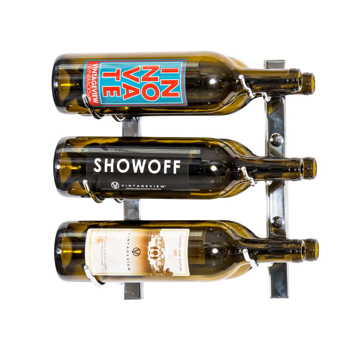 VintageView 1-Foot Wall-Mounted Wine Storage Rack Double Depth 6 Bottles Chrome Luxe Shown