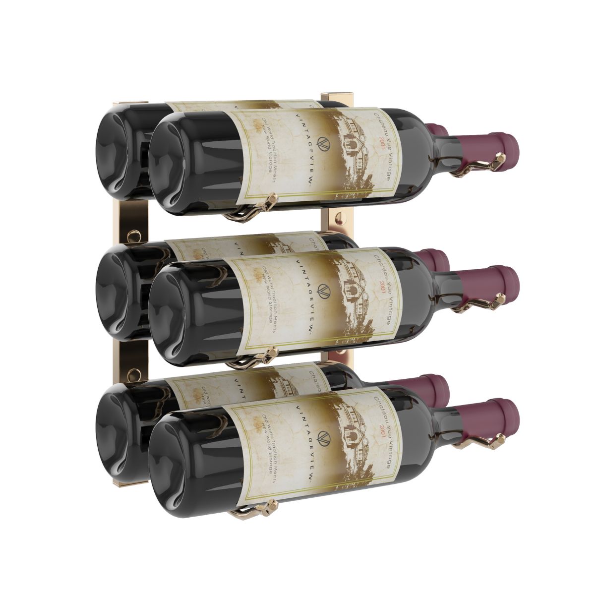 VintageView 1-Foot Wall-Mounted Wine Storage Rack Double Depth 6 Bottles Golden Bronze Shown