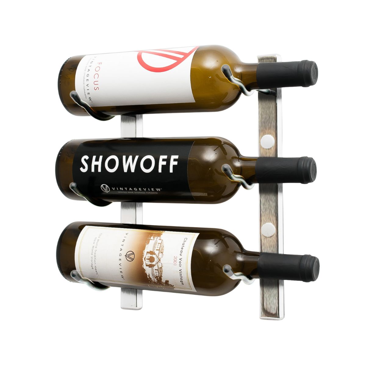 VintageView 1-Foot Wall-Mounted Wine Storage Rack Single Depth 3 Bottles Brushed Nickel Shown