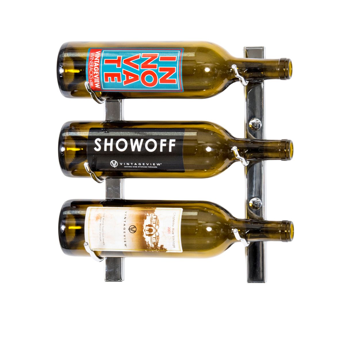 VintageView 1-Foot Wall-Mounted Wine Storage Rack Single Depth 3 Bottles Chrome Luxe Shown