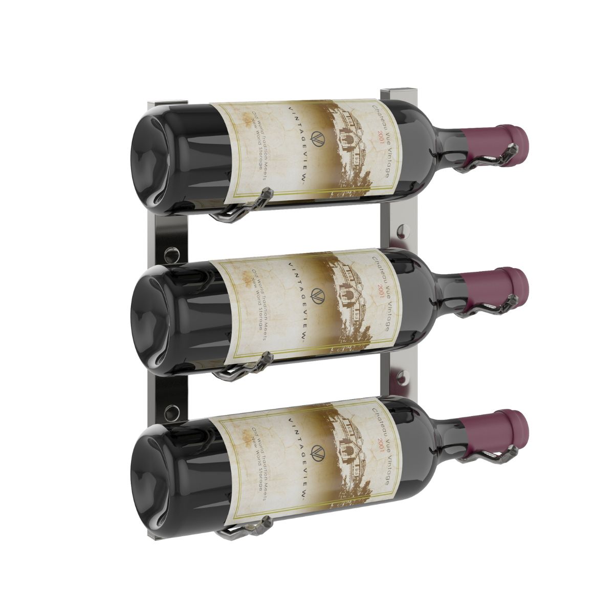 VintageView 1-Foot Wall-Mounted Wine Storage Rack Single Depth 3 Bottles Gunmetal Shown