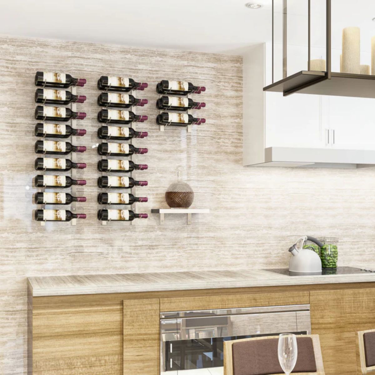 VintageView 1 Foot wall mounted wine rack installed on a stone tile kitchen backsplash with horizontal wine bottle display