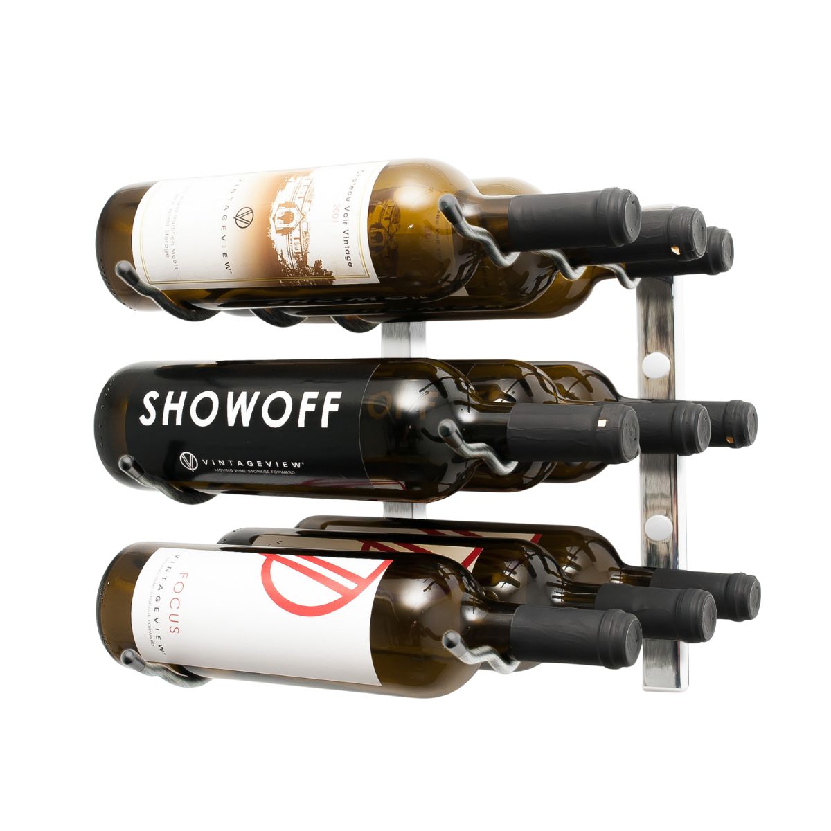 VintageView 1-Foot Wall-Mounted Wine Storage Rack Triple Depth 9 Bottles Brushed Nickel Shown