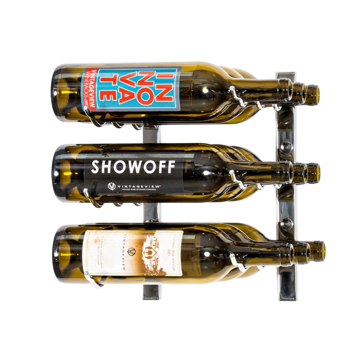VintageView 1-Foot Wall-Mounted Wine Storage Rack Triple Depth 9 Bottles Chrome Luxe Shown