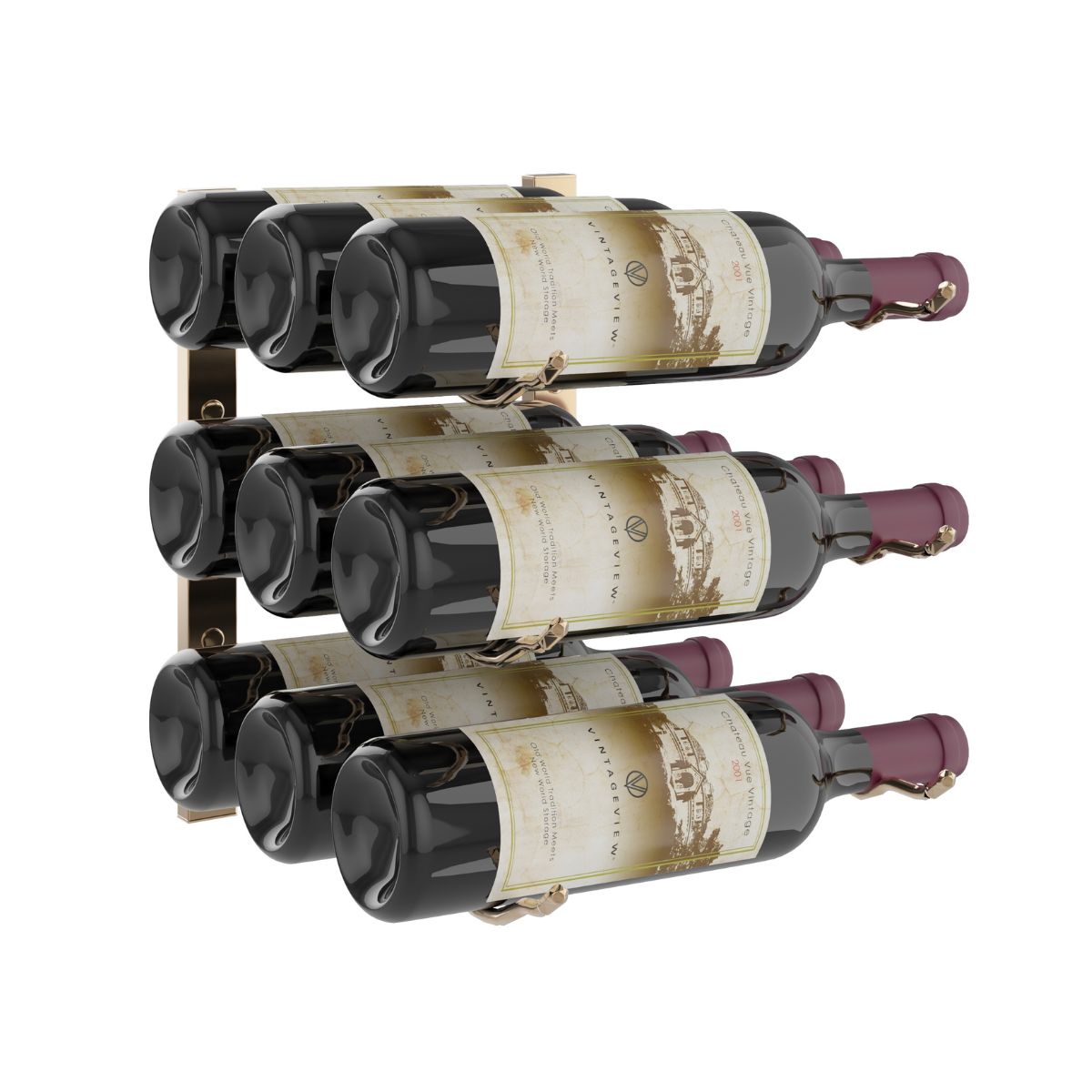 VintageView 1-Foot Wall-Mounted Wine Storage Rack Triple Depth 9 Bottles Golden Bronze Shown