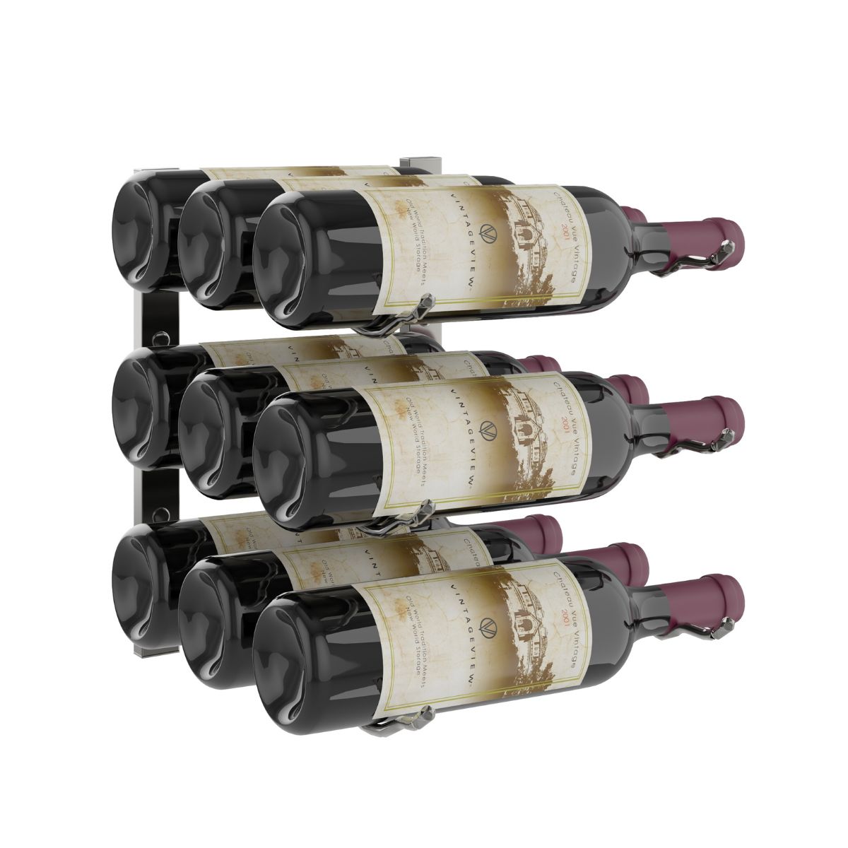 VintageView 1-Foot Wall-Mounted Wine Storage Rack Triple Depth 9 Bottles Gunmetal Shown