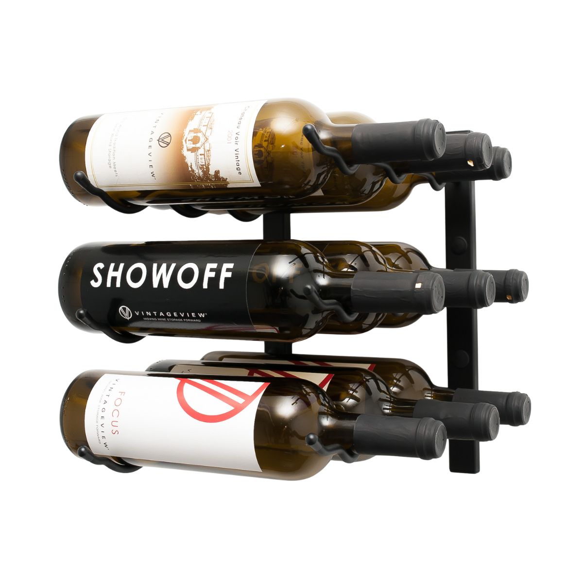 VintageView 1-Foot Wall-Mounted Wine Storage Rack Triple Depth 9 Bottles Matte Black Shown