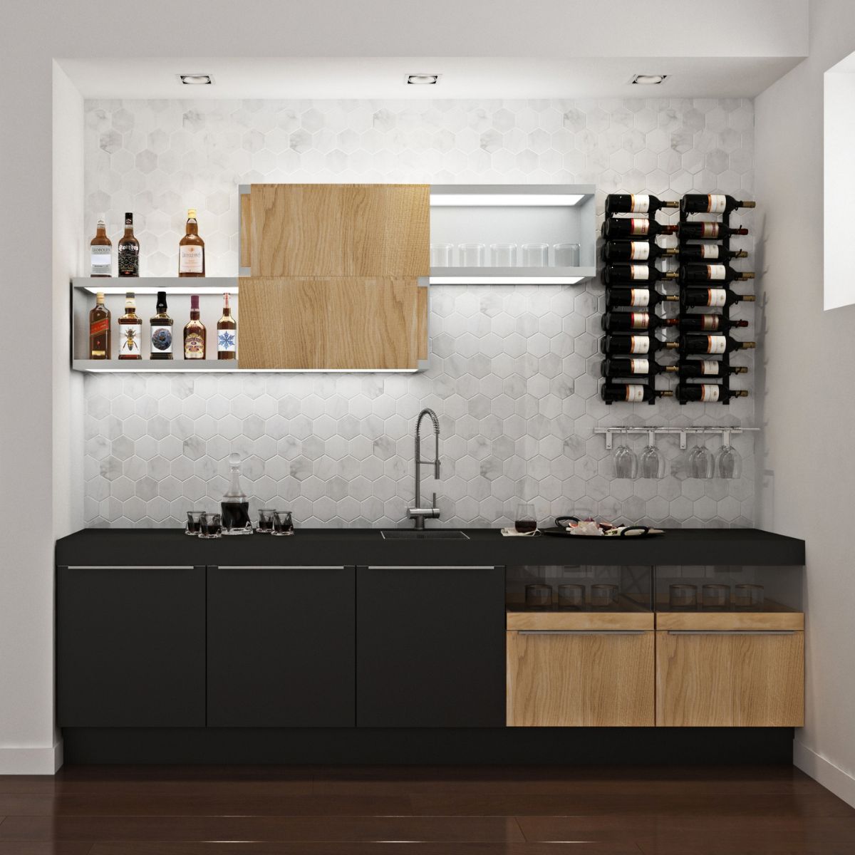 VintageView 2 Foot wall mounted wine storage rack installed in a contemporary home bar with compact horizontal bottle display