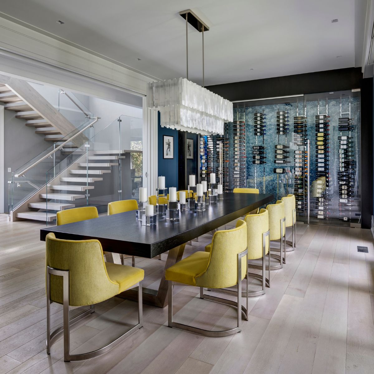 VintageView 2 Foot wall mounted wine storage rack used as a feature wall in a modern dining room with label forward bottle storage