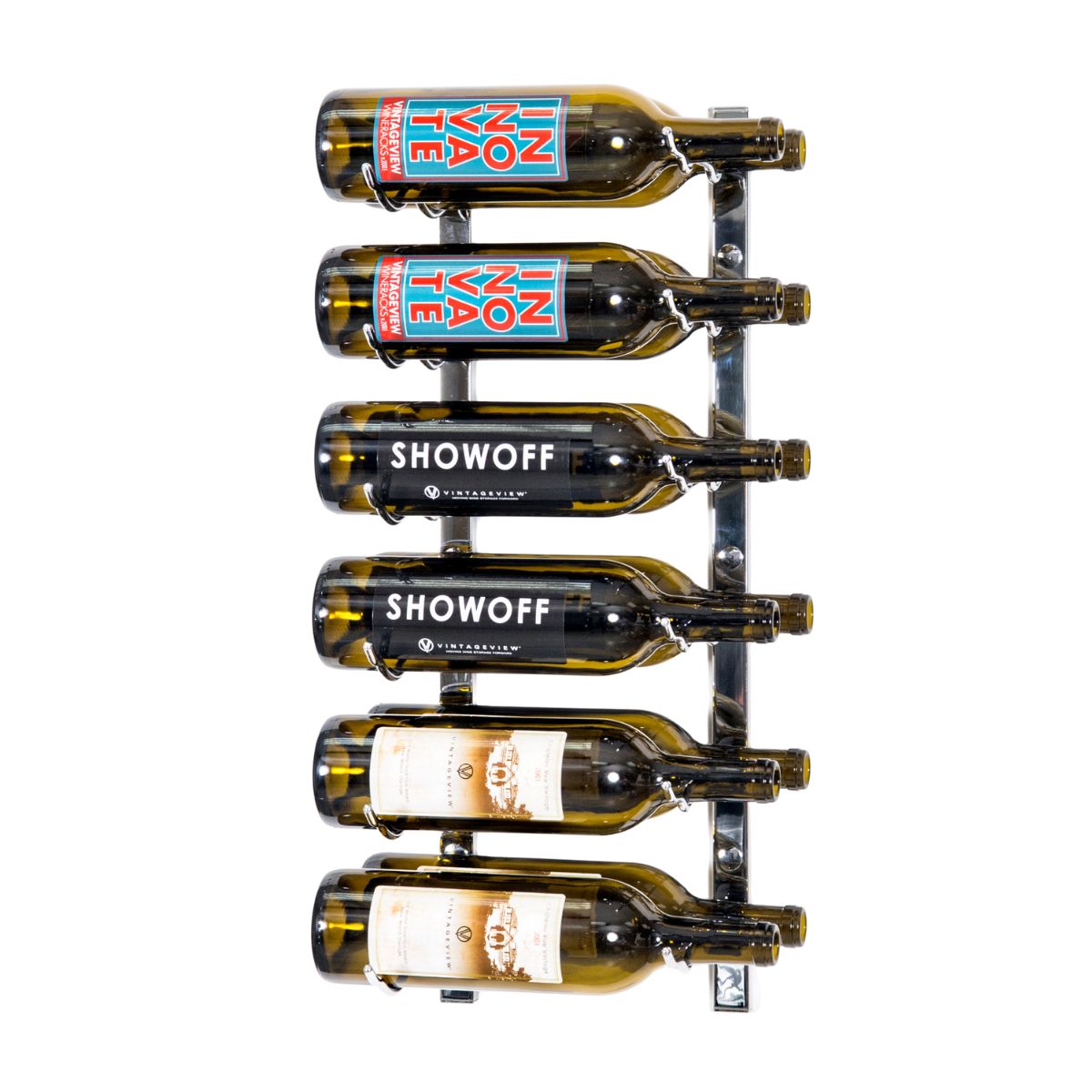 VintageView 2-Foot Wall-Mounted Wine Storage Rack Double Depth 12 Bottles Chrome Luxe Shown