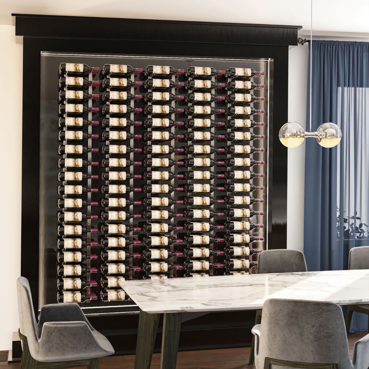 VintageView 2 Foot wall mounted wine storage rack used as a feature wall in a modern dining room with label forward bottle storage