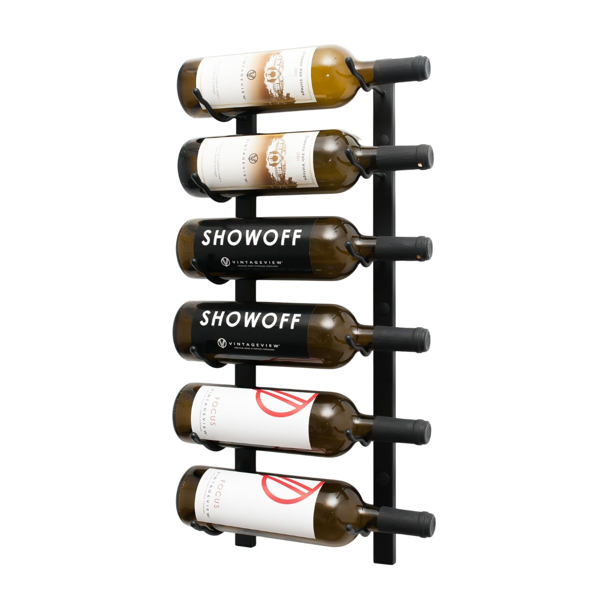 VintageView 2-Foot Wall-Mounted Wine Storage Rack Single Depth 6 Bottles Matte Black Shown