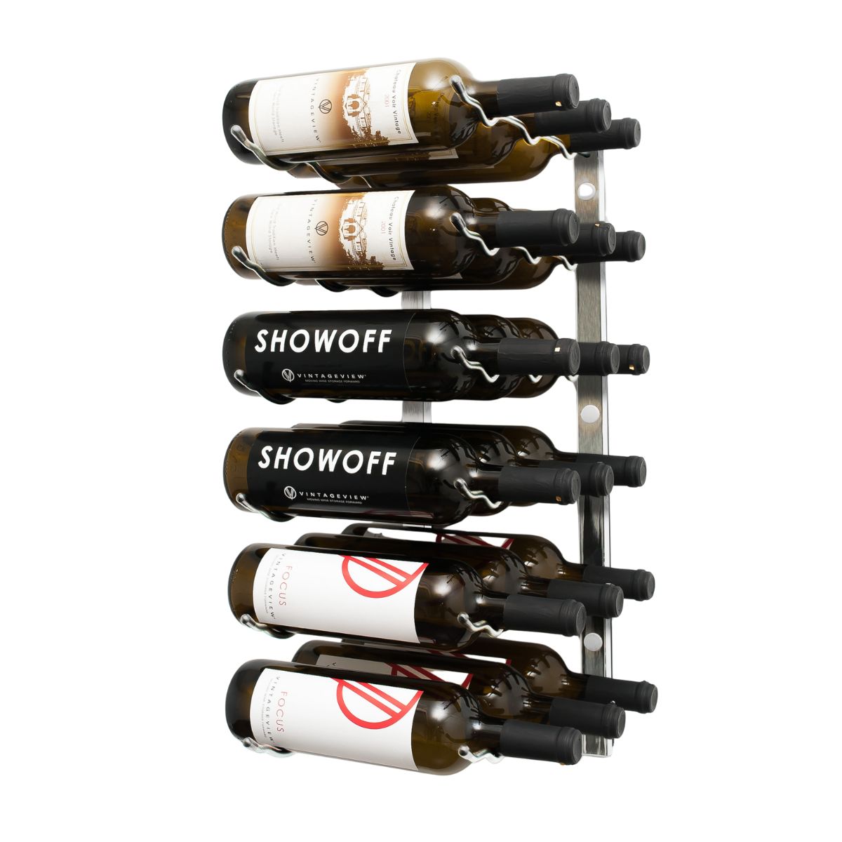 VintageView 2-Foot Wall-Mounted Wine Storage Rack Triple Depth 18 Bottles Brushed Nickel Shown