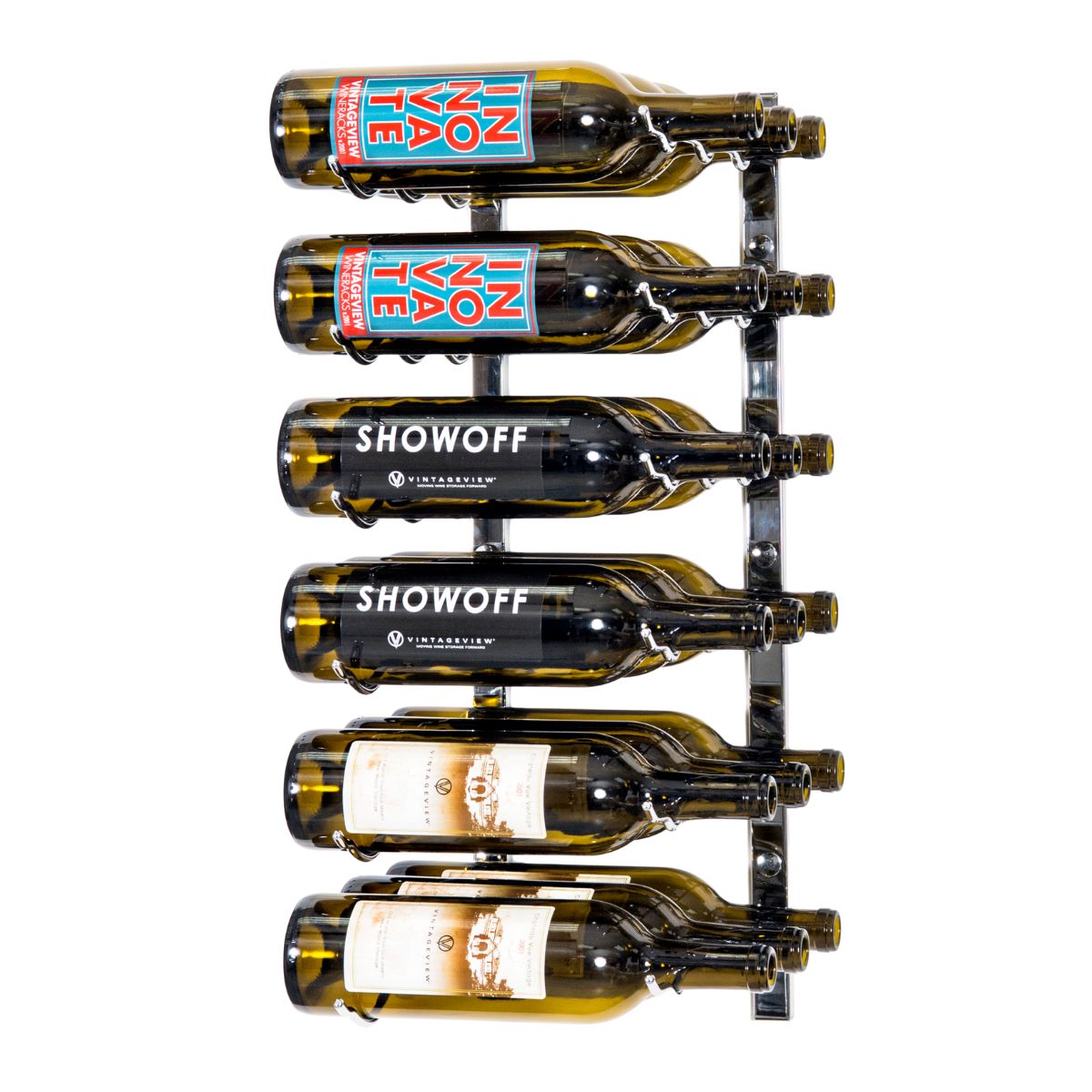 VintageView 2-Foot Wall-Mounted Wine Storage Rack Triple Depth 18 Bottles Chrome Luxe Shown