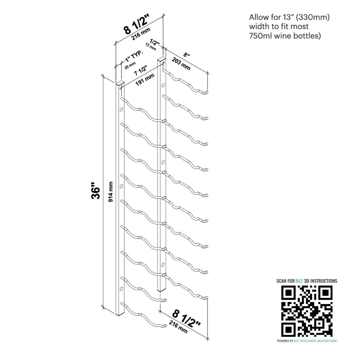 VintageView 3-Foot Wall-Mounted Wine Storage Rack Double Depth 18 Bottles Dimensions Diagram