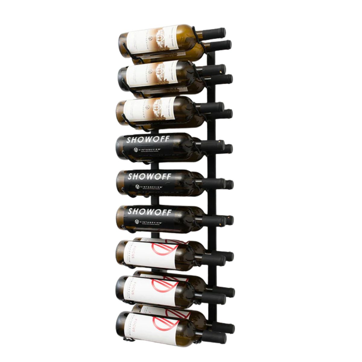 VintageView 3-Foot Wall-Mounted Wine Storage Rack Double Depth 18 Bottles Matte Black Shown