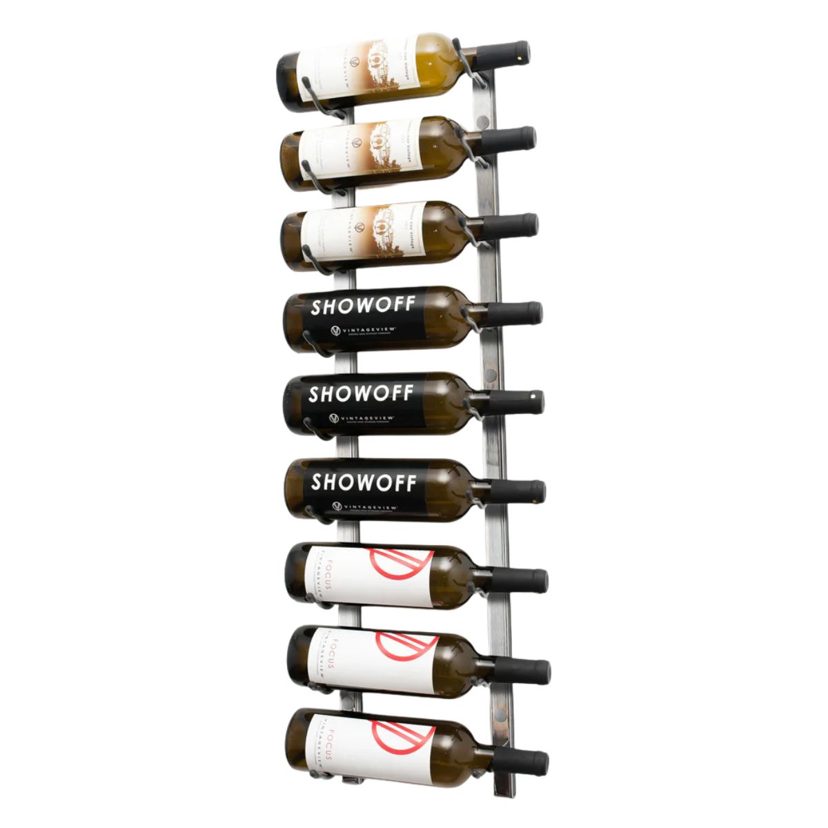 VintageView 3-Foot Wall-Mounted Wine Storage Rack Single Depth 9 Bottles Brushed Nickel Shown