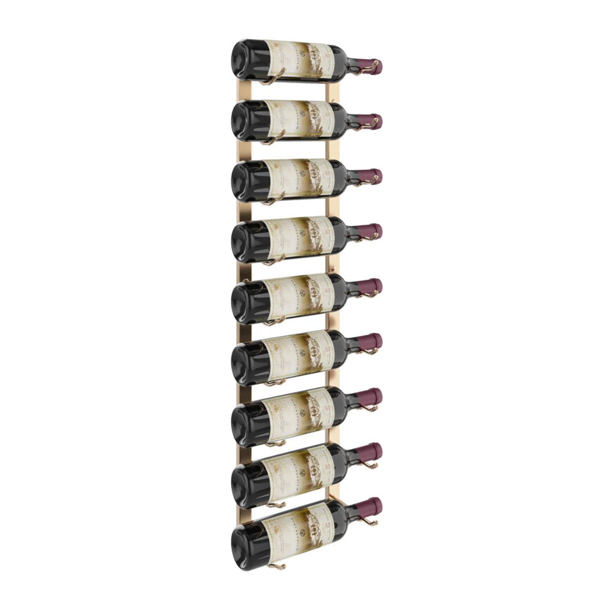 VintageView 3-Foot Wall-Mounted Wine Storage Rack Single Depth 9 Bottles Golden Bronze Shown