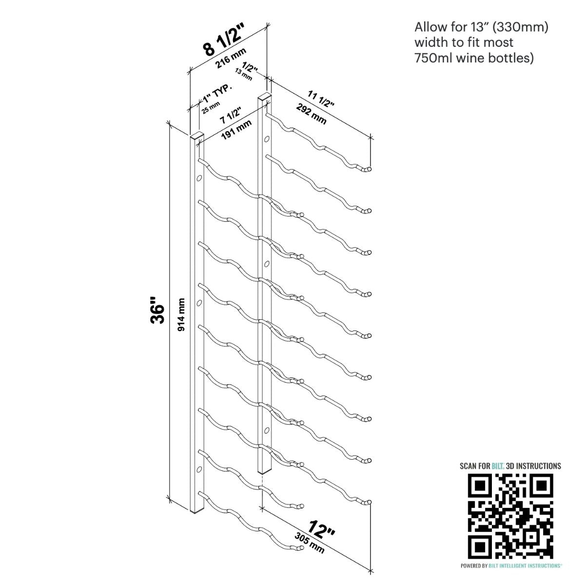 VintageView 3-Foot Wall-Mounted Wine Storage Rack Triple Depth 27 Bottles Dimensions Diagram