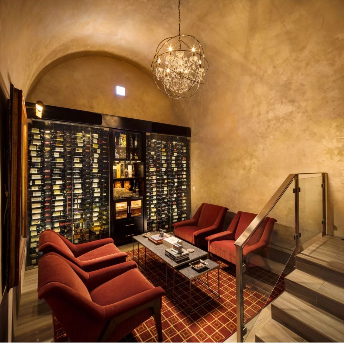 VintageView 4 Foot wall mounted wine storage rack displayed in a luxury lounge with floor to ceiling wine storage