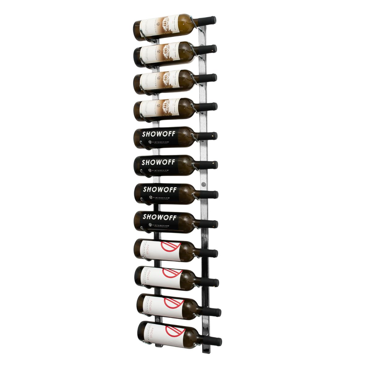 VintageView 4-Foot Wall-Mounted Wine Storage Rack Single Depth 12 Bottles Brushed Nickel Shown