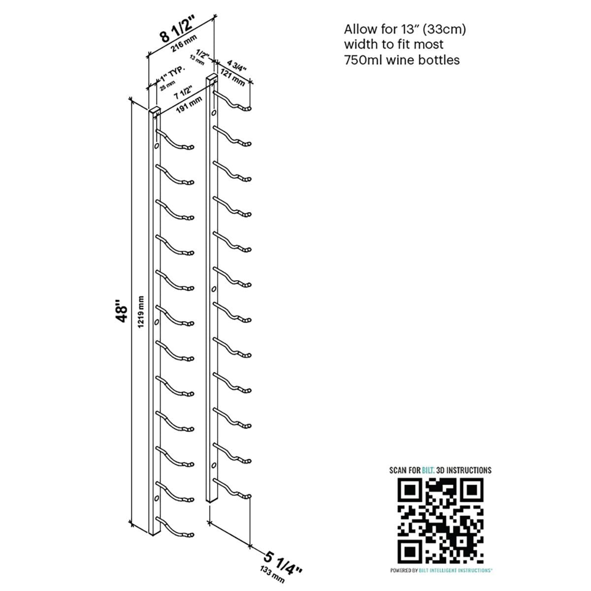 VintageView 4-Foot Wall-Mounted Wine Storage Rack Single Depth 12 Bottles Dimensions Diagram
