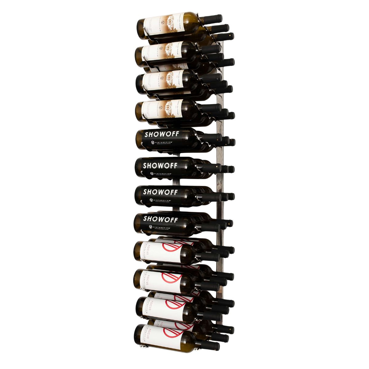 VintageView 4-Foot Wall-Mounted Wine Storage Rack Triple Depth 36 Bottles Brushed Nickel Shown