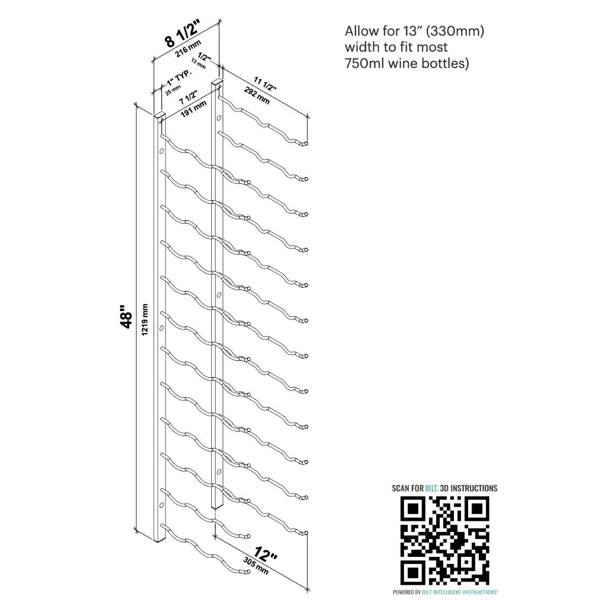 VintageView 4-Foot Wall-Mounted Wine Storage Rack Triple Depth 36 Bottles Dimensions Diagram