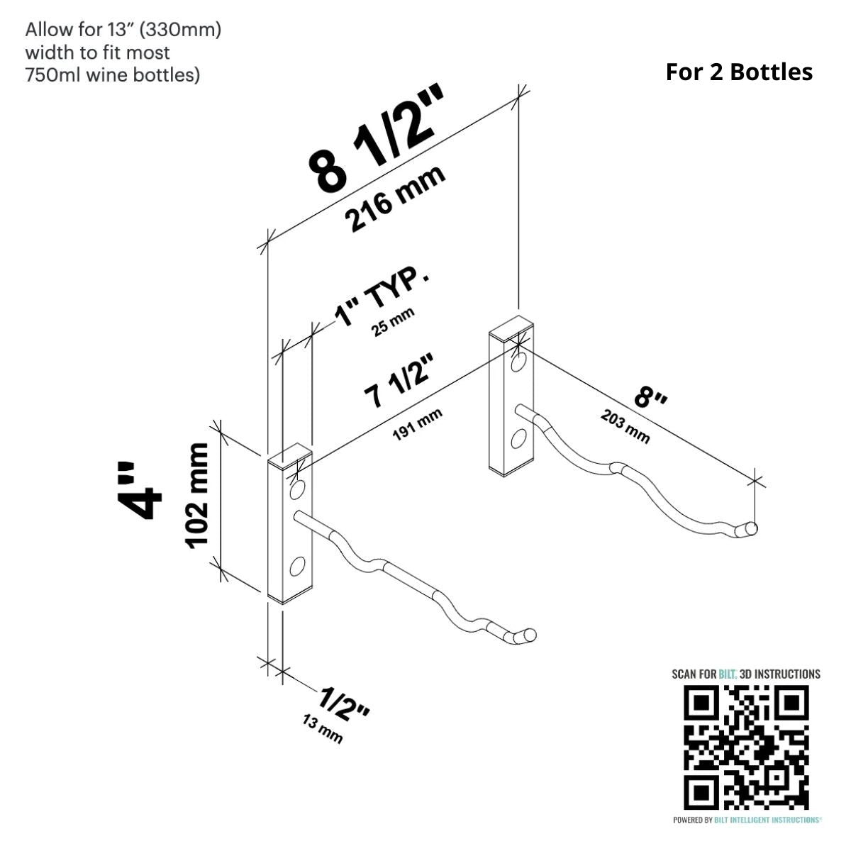 VintageView 4" Wall-Mounted Metal Wine Rack Double Deep 2 Bottles Dimensions Diagram Shown
