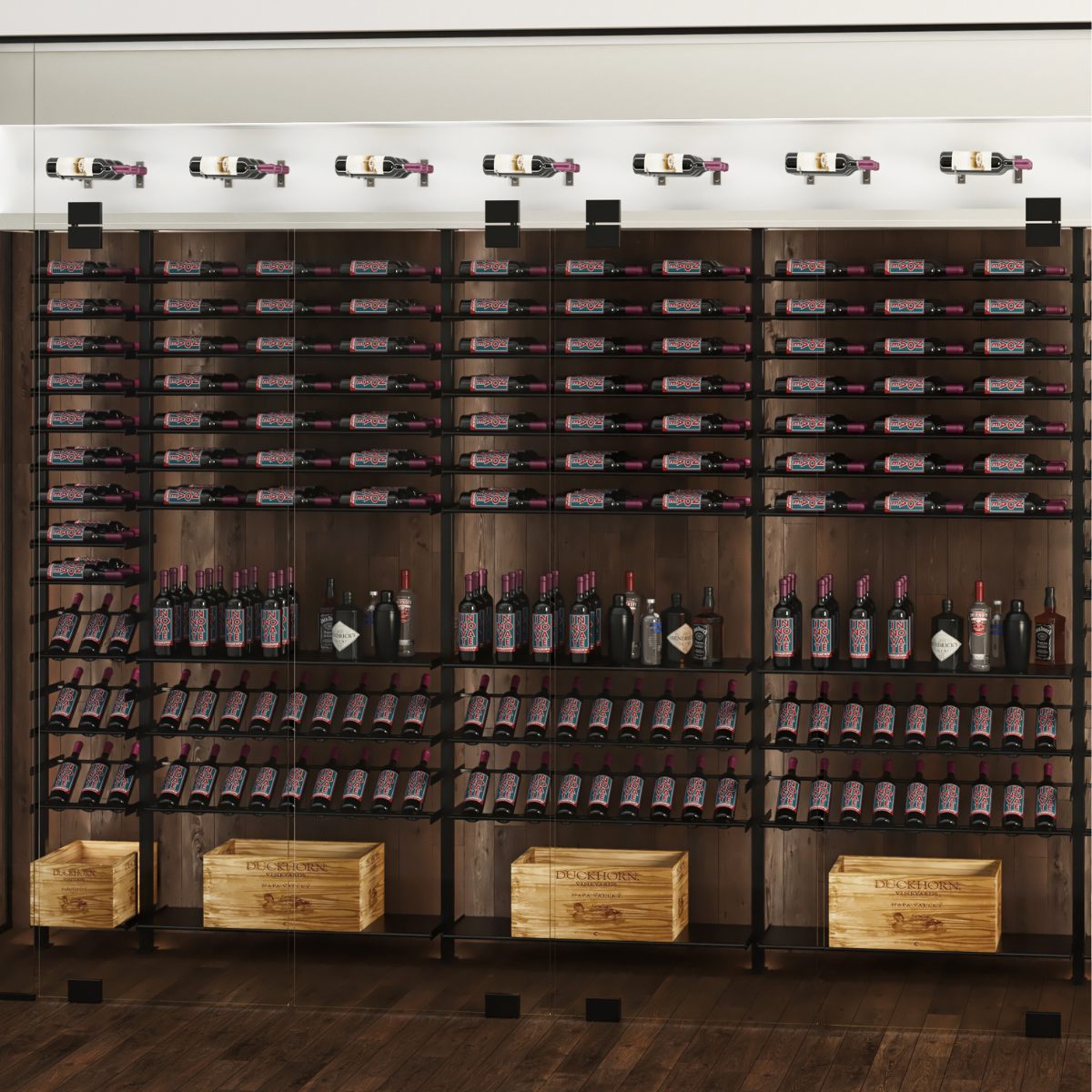 VintageView 4 inch wall mounted metal wine rack forming a large scale wine wall